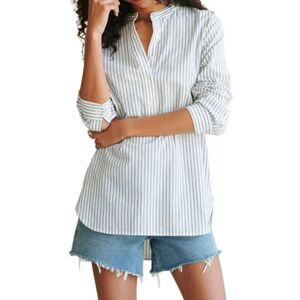 Jenni Kayne Hamptons Shirt Medium White Stripe Modern Tunic Henley Long Sleeve